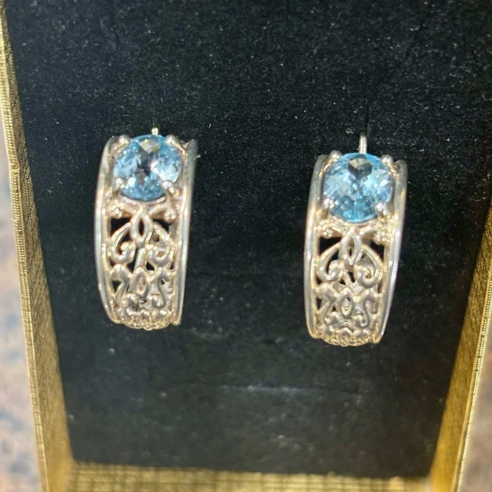 Sterling Silver Blue Topaz  Hoop Earrings. - Picture 4 of 12